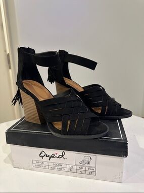 Qupid Black Suede Woven Ankle Strap Block Heels
